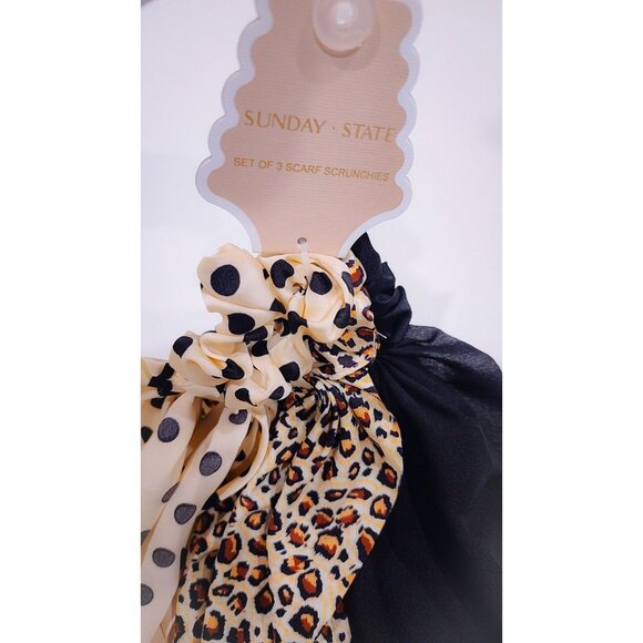Sunday State Set Of 3 Scarf Scrunchies - Polka Dot Leopard Print & Solid Black - Picture 4 of 6